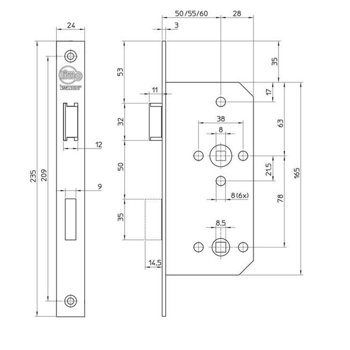 Assa Abloy Serrure WC Litto Project E6 - arbre 78mm - mandrin 55 - plaque frontale droite 235x24mm
