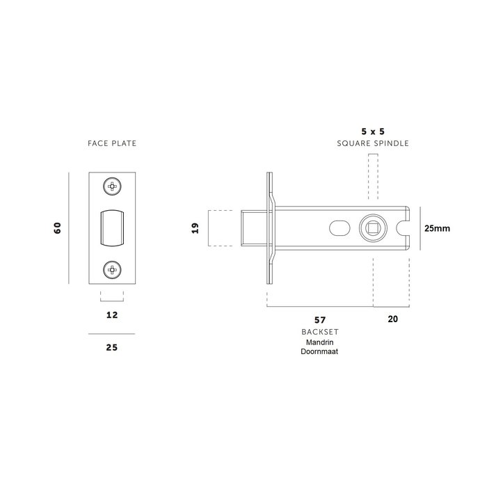 Buster+Punch Small toilet lock with stainless steel front plate 25x60mm - mandrel 57mm - pin hole 5x5mm