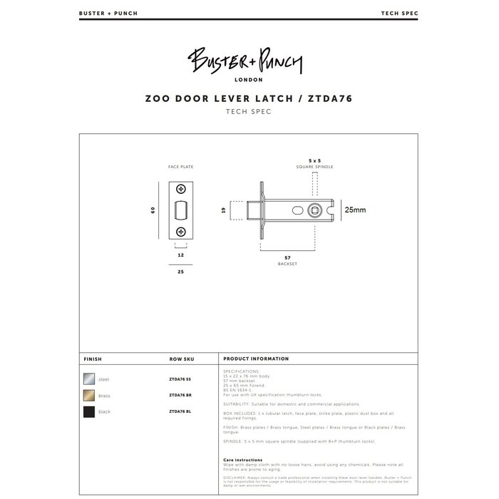 Buster+Punch Petite serrure de toilette avec plaque frontale en acier inoxydable 25x60mm - mandrin 57mm - trou d'épingle 5x5mm