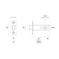 Small toilet lock with brass front plate 25x60mm - mandrel 57mm - pin hole 5x5mm