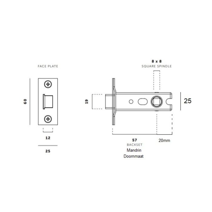 Buster+Punch Small lock with stainless steel front plate 25x60mm and mandrel 57mm