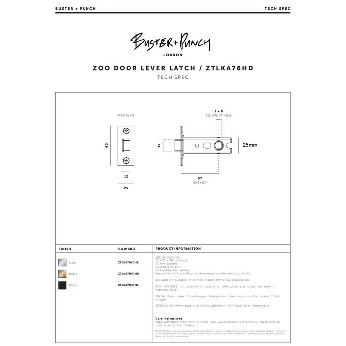 Buster+Punch Black lock with front plate 25x60mm and mandrel 57mm