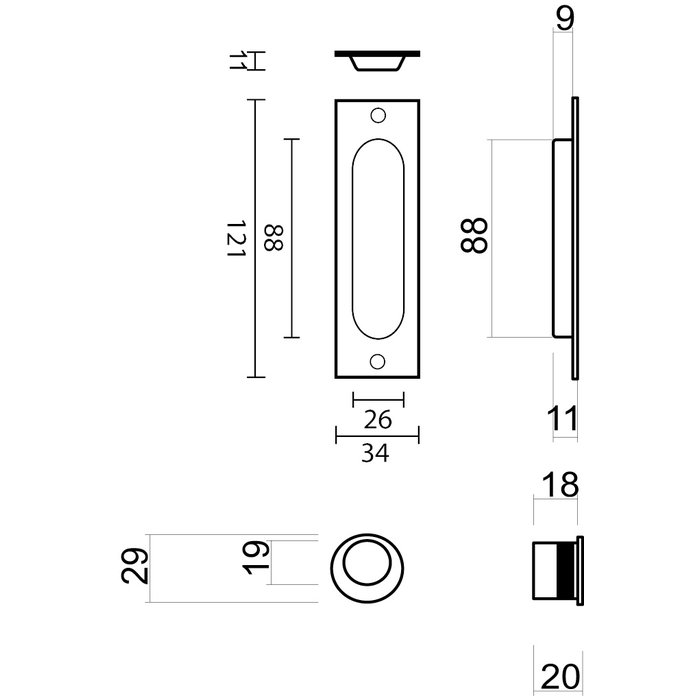 HDD Schiebetürschale Carre Rechteck/Oval per Set schwarz