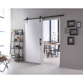 Intersteel DIY porte coulissante Legno 2115x930x38mm MDF blanc apprêté + système de suspension noir Forme de flèche avec poignée / cuvette de porte coulissante
