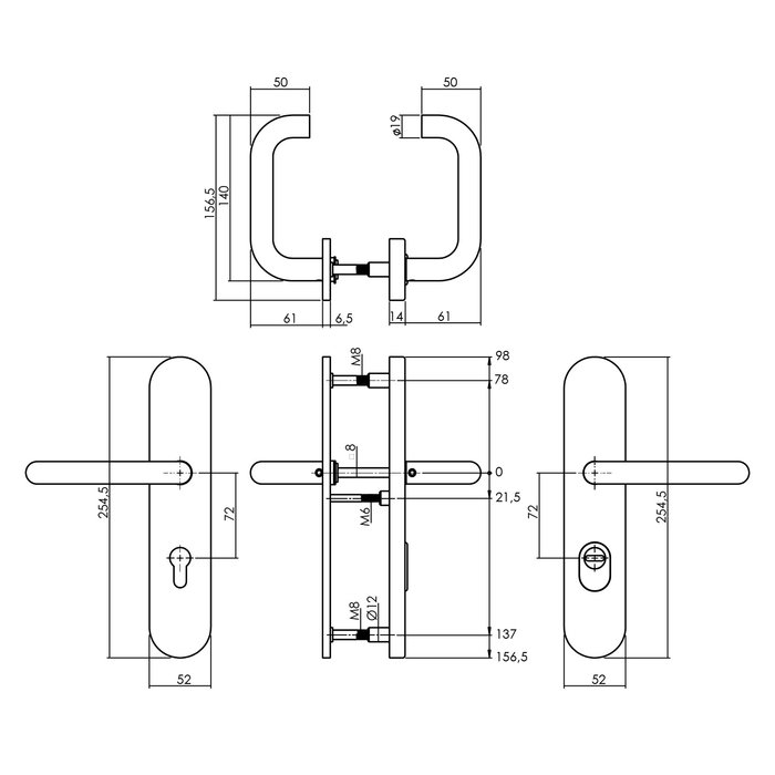 Intersteel SKG3 Sicherheitsabdeckungen verdeckt Griff / Griff PZ 72 mm mit Zugschutz aus Edelstahlkern
