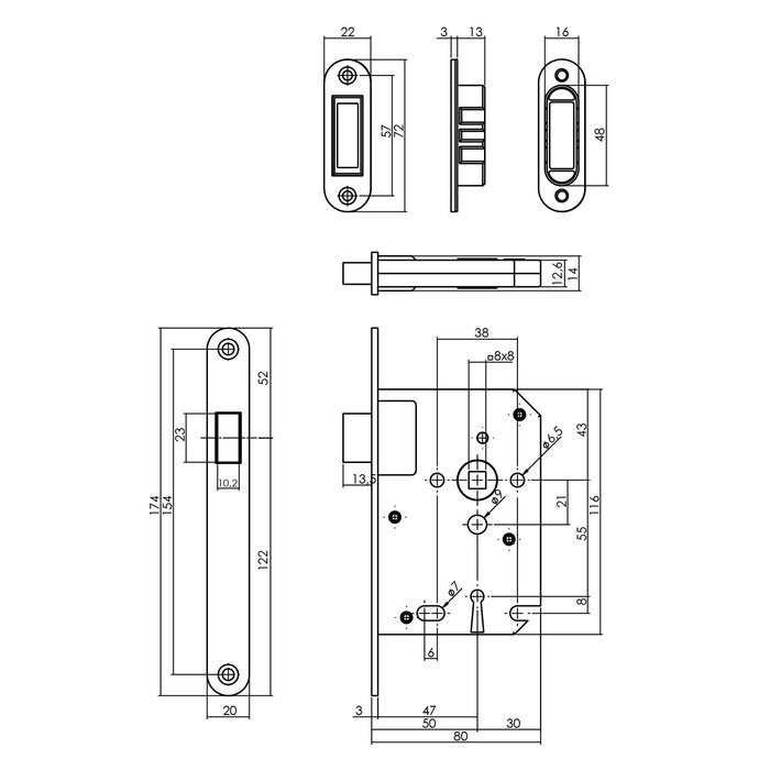Intersteel Intersteel Residential building magnetic keyboard day and night lock 55mm, front plate rounded stainless steel
