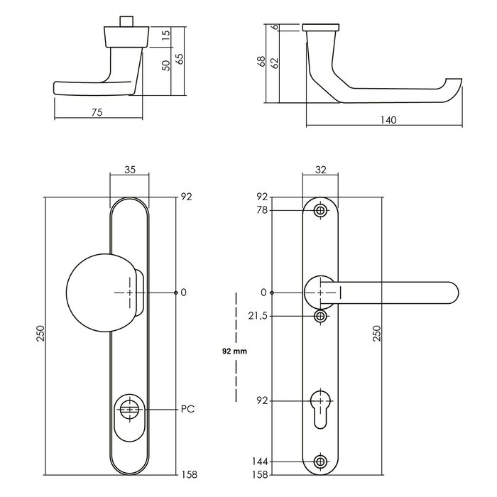Intersteel Intersteel Veiligheidsbeslag smal SKG3 greep/kruk profielcilinder 92 mm met kerntrekbeveiliging aluminium