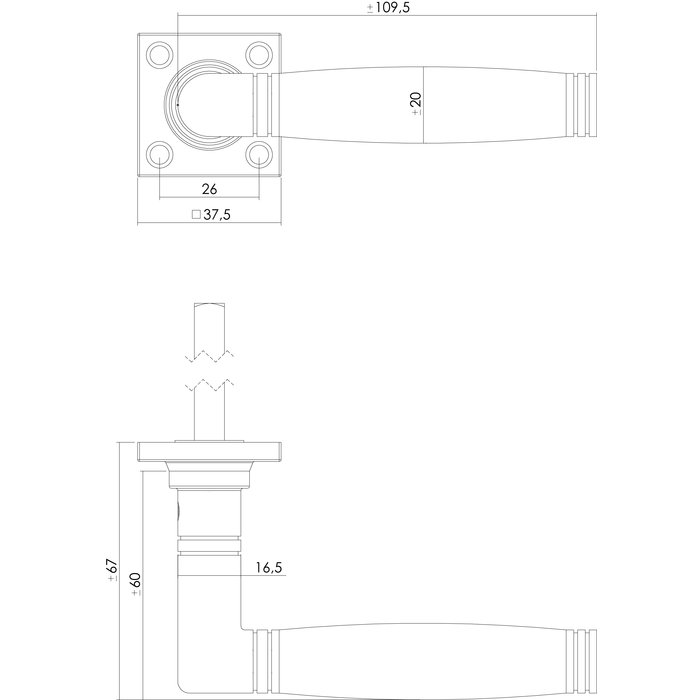 Intersteel Intersteel Door handle Ton 222 with rosette 38x38x7mm tumbled brass / ebony