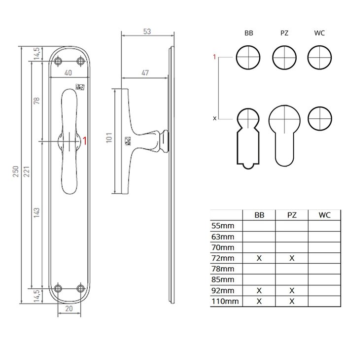 Dauby Pair of door handles PHT "T+T" / P40 aged iron - black on blind plate