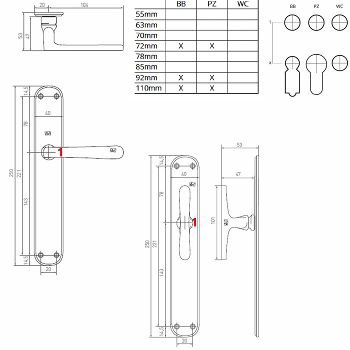 Dauby Paire de poignées de porte PHL "T + L" / P40 fer vieilli - noir sur plaque vierge