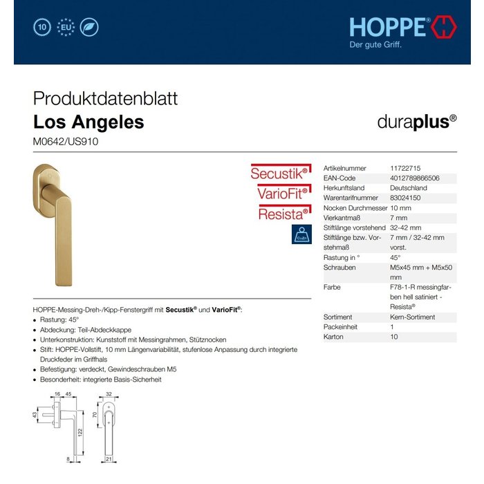 Hoppe Hoppe window handle Los Angeles brass