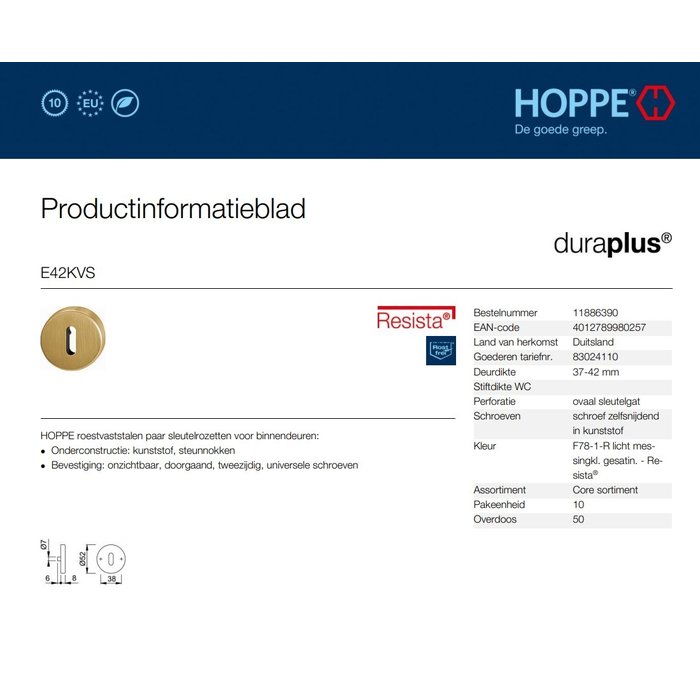 Hoppe Hoppe Resista Schlüsselplatten rund 52x8mm - Messing satiniert