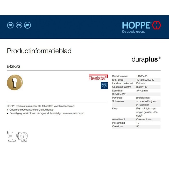 Hoppe Hoppe Resista cylinder plates (52x8mm) satin brass