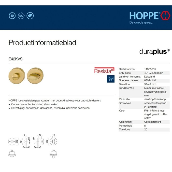 Hoppe Hoppe Resista WC set rond laiton satiné