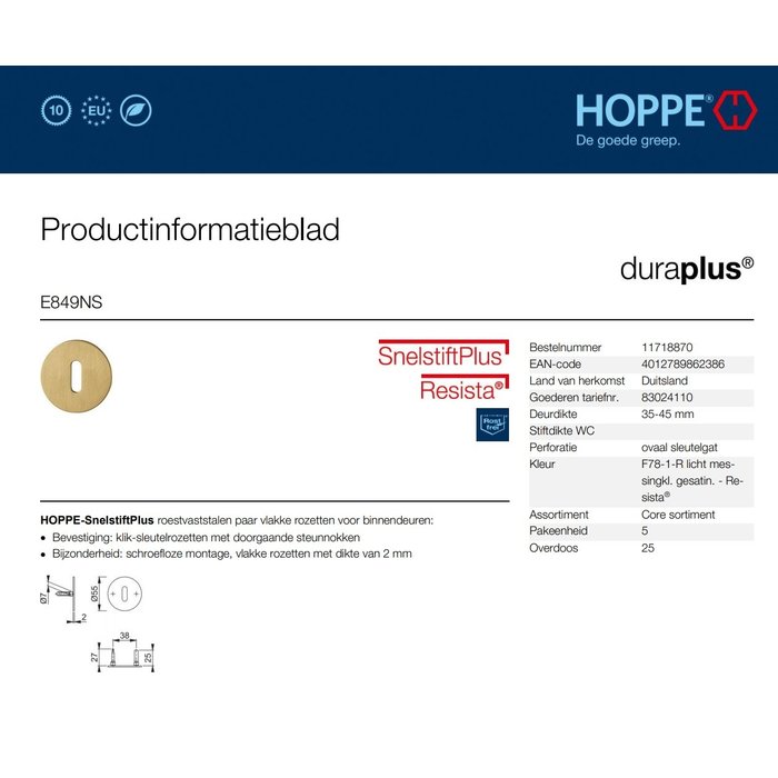 Hoppe Plaques clés Hoppe Resista rondes 52x2mm - laiton satiné