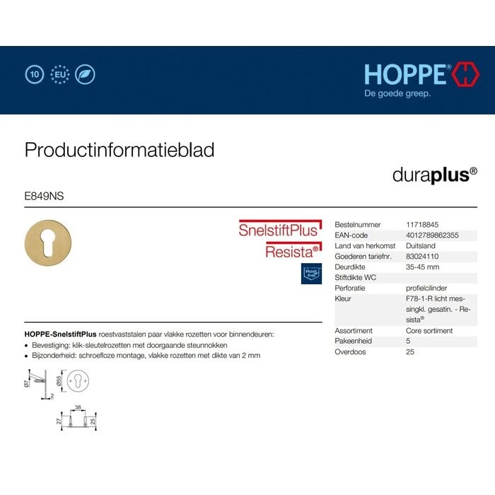 Hoppe Hoppe Resista Zylinderplatten dünn (52x2mm) Messing satiniert F78
