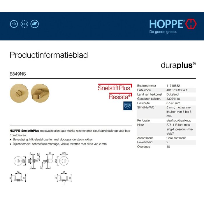 Hoppe Hoppe WC Set Los Angeles rund mit dünner Rosette 2 mm - Messing F78