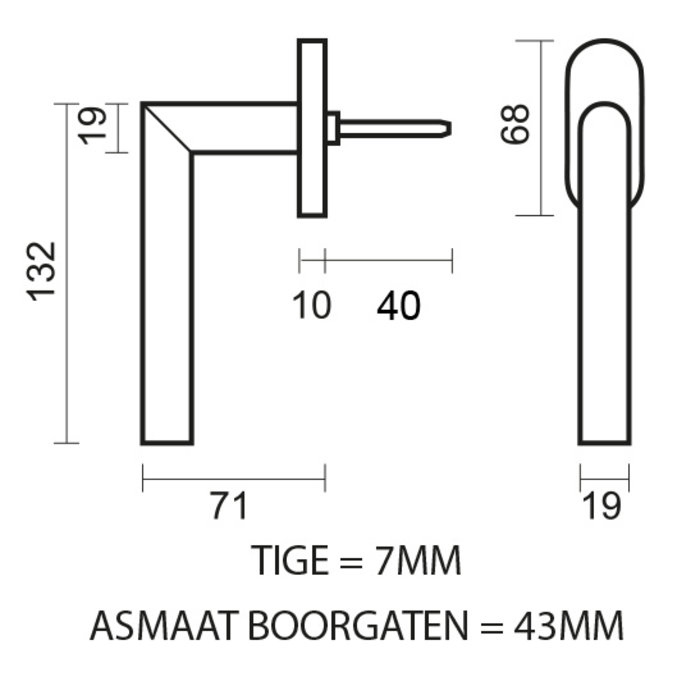 HDD Window handle I Shape 19mm black