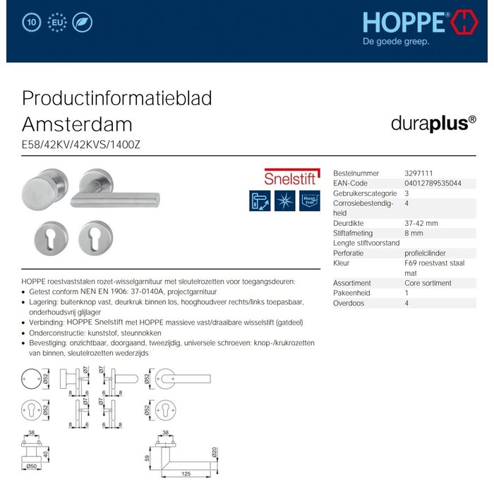 Hoppe Hoppe RVS deurkruk Amsterdam met vaste top R+PZ - dd 57-62mm