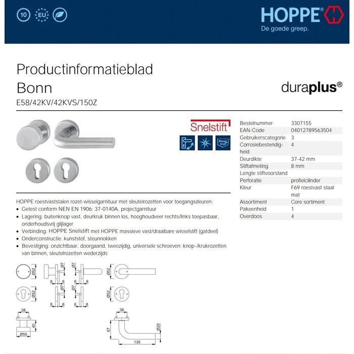 Hoppe Poignée de porte Hoppe en acier inoxydable Bonn avec dessus fixe R+PZ - dd 57-62mm