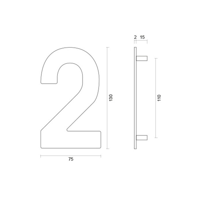 HDD Stainless steel house number 2 with a height of 130mm
