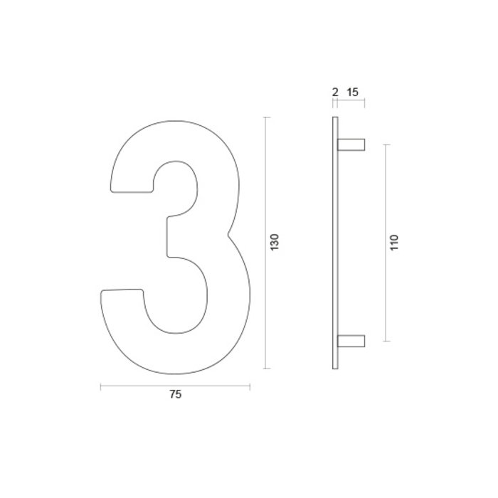 HDD Stainless steel house number 3 with a height of 130mm
