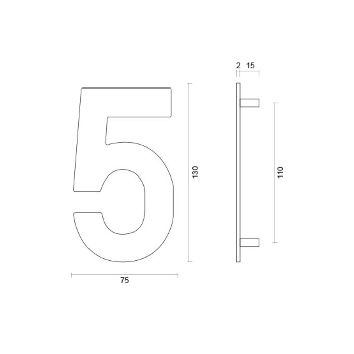 HDD Stainless steel house number 5 with a height of 130mm