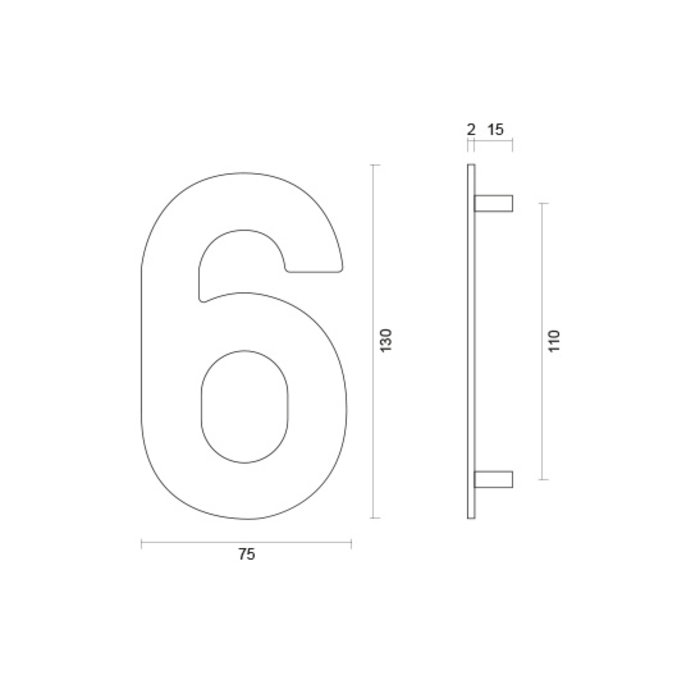 HDD Stainless steel house number 6 with a height of 130mm