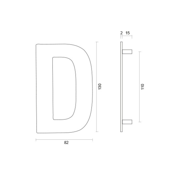 HDD RVS huisletter D met een hoogte van 130mm