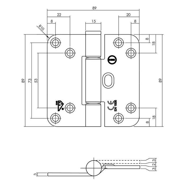 Intersteel Glijlagerscharnier 89x89x3 mm zwart rechts (= DIN links)