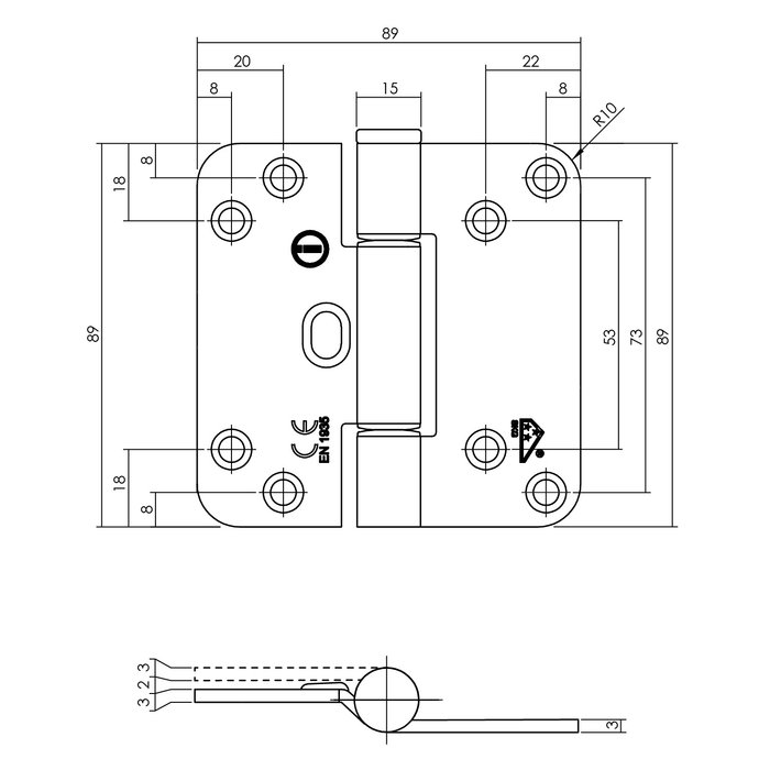 Intersteel Charnière lisse noire 89x89x3 mm gauche (= DIN droite)