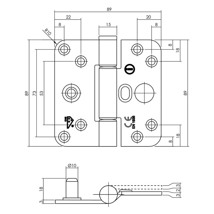 Intersteel Zwart glijlagerscharnier SKG3 89x89x3mm rechts (= DIN links)