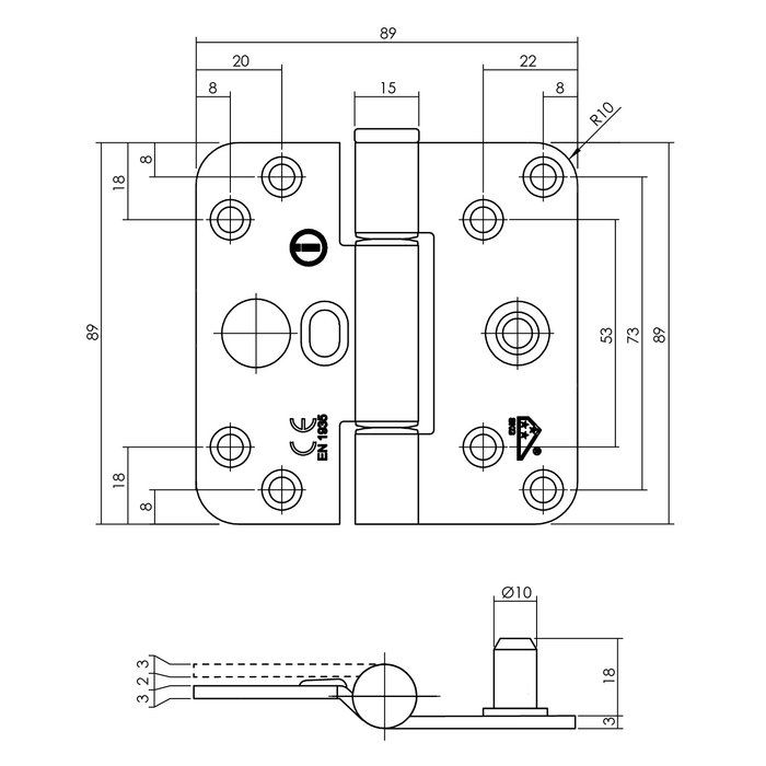 Intersteel Schwarzes Gleitlagerscharnier SKG3 89x89x3mm schwarz links (= DIN rechts)