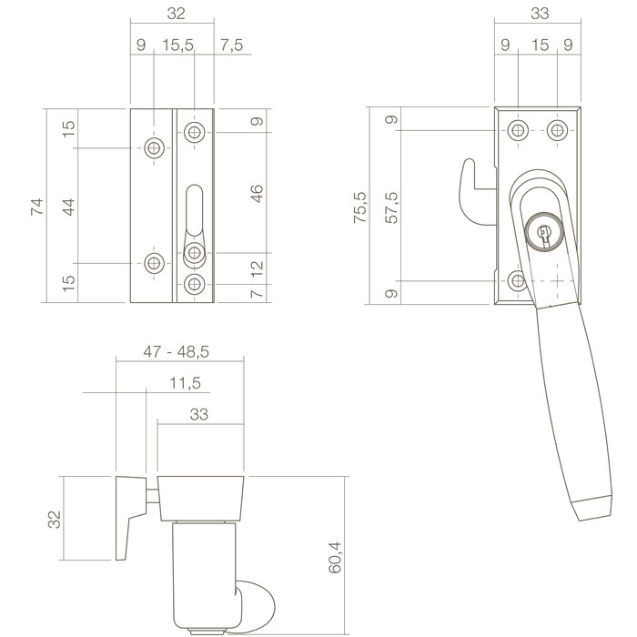 Intersteel Intersteel Fensterverschluss Ton 400 abschließbar links Messing getrommelt / Ebenholz