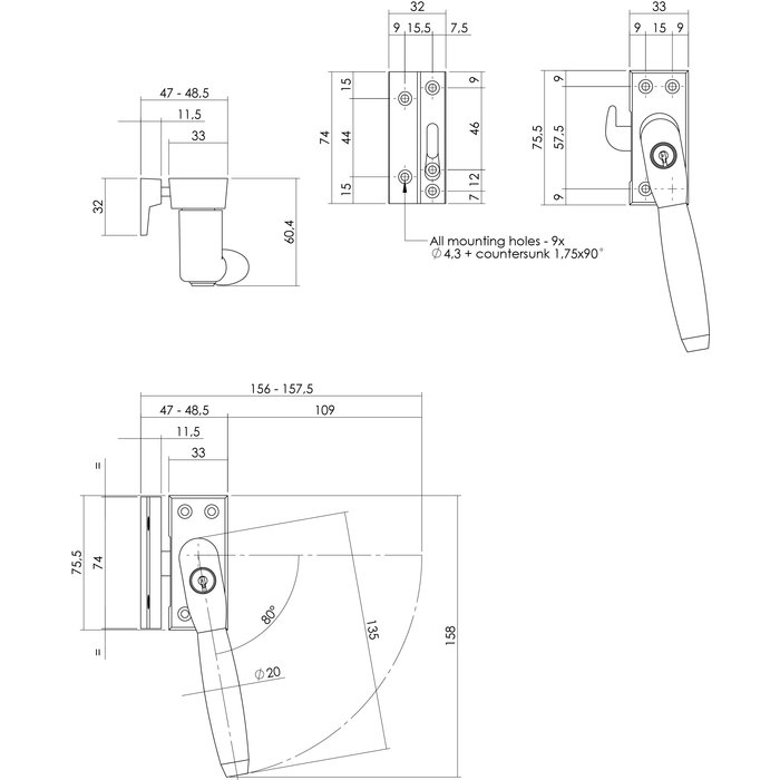 Intersteel Intersteel Window closure Ton 400 lockable right brass tumbled / ebony