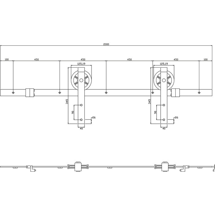 Intersteel Sliding door system 2 meters, hanging rollers with spoked wheel 345mm, steel matt black, mounting front