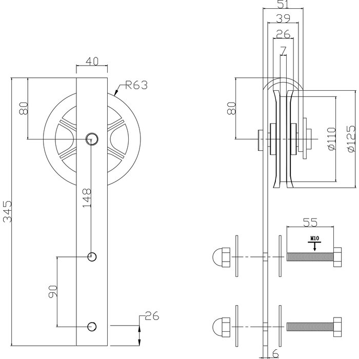 Intersteel 2er Set Rollen Speichenrad 340mm für Schiebetürsystem 450121 Stahl mattschwarz