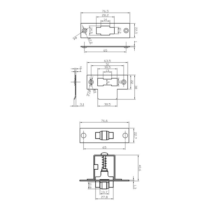 Roller snapper stainless steel 77x23mm for wooden door