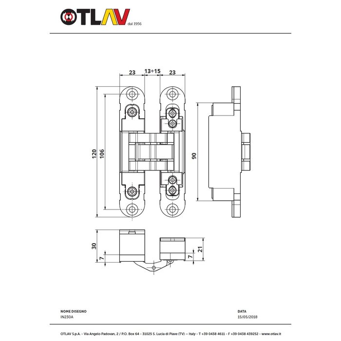 Otlav Unsichtbares 3D-Scharnier matt silber Otlav Invisacta IN230120 - 23x120mm