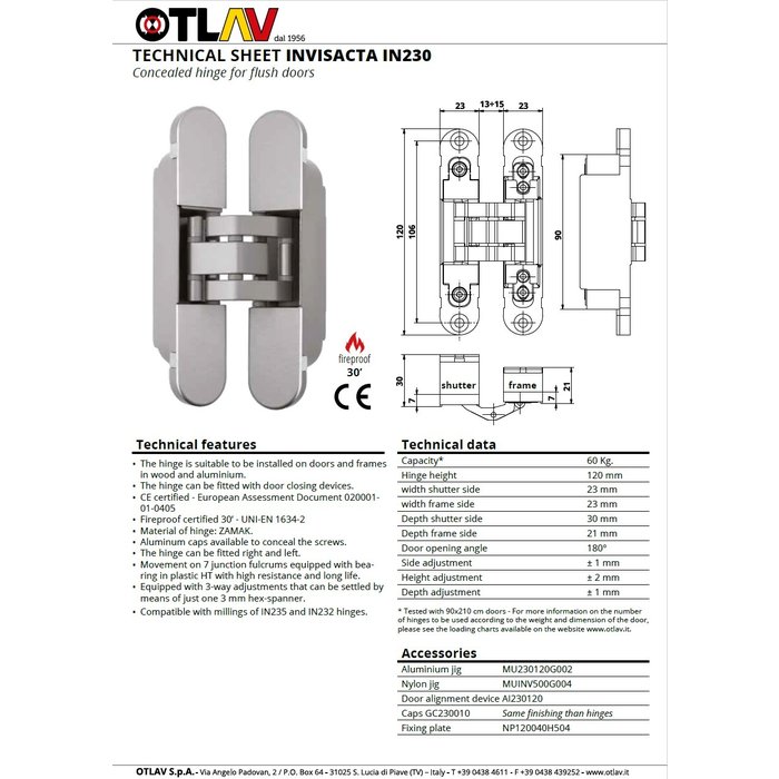 Otlav Wit onzichtbaar 3D scharnier Otlav Invisacta IN230120 - 23x120mm