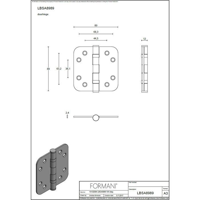 Formani Formani Kugellagerscharnier 89x89mm BASICS LBSA8989 abgerundete Ecken Edelstahl poliert