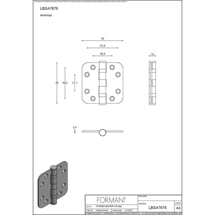 Formani Formani ball bearing hinge 76x76mm BASICS LBSA7676 rounded corners white