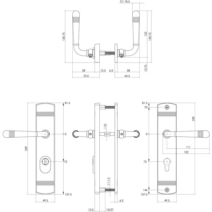 Intersteel Ferrure de porte arrière Helena sur bouclier 72 mm poignée/poignée - Nickel mat