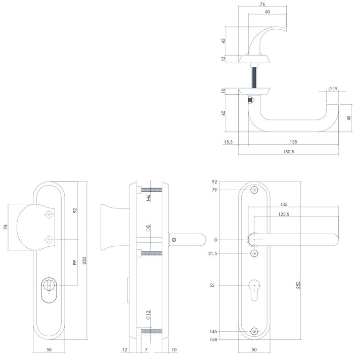 Intersteel Ferrures de sécurité Intersteel avec bouton de protection contre la traction/poignée de porte à âme arrondie