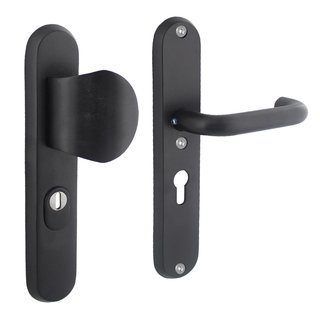 Intersteel Black front door fitting with core pull protection on oval shield rounded knob/door handle