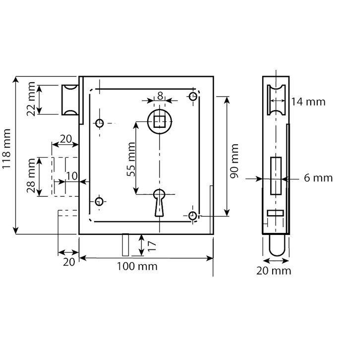 Dulimex Gate lock 55/65 BB galvanized with fur beard key + black gate fitting