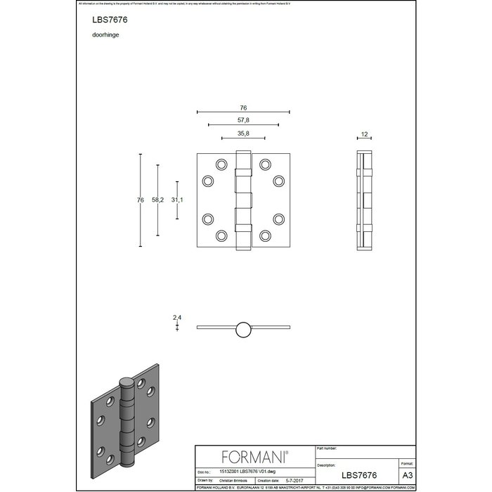 Formani Formani Kugellagerscharnier 76x76mm BASICS LBS7676 rechtwinklig Edelstahl matt