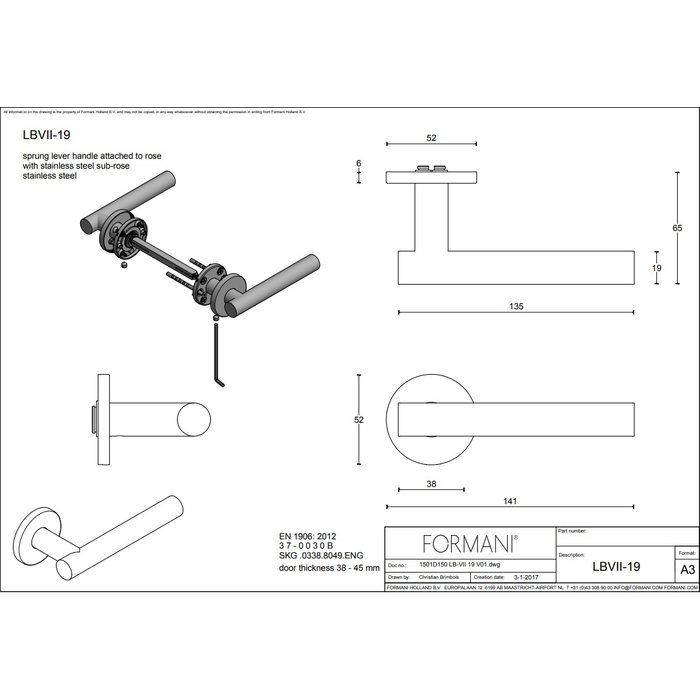 Formani Poignées de porte Basics LB7-19 à ressort sur rosace ronde en acier inoxydable mat