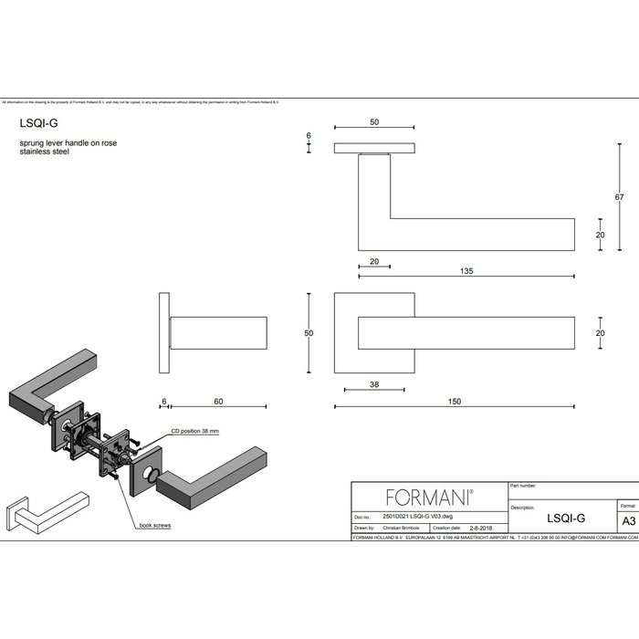 Formani Poignées de porte carrées LSQI-G à ressort en acier inoxydable mat carré sans plaques de clé