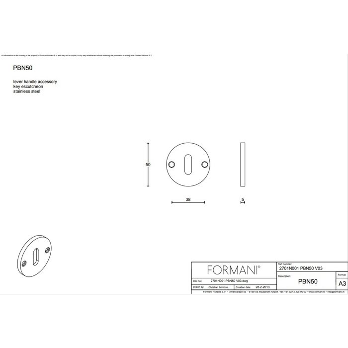Formani 1 plaque porte-clés Piet Boon ONE inox mat PBN50 - 5 mm
